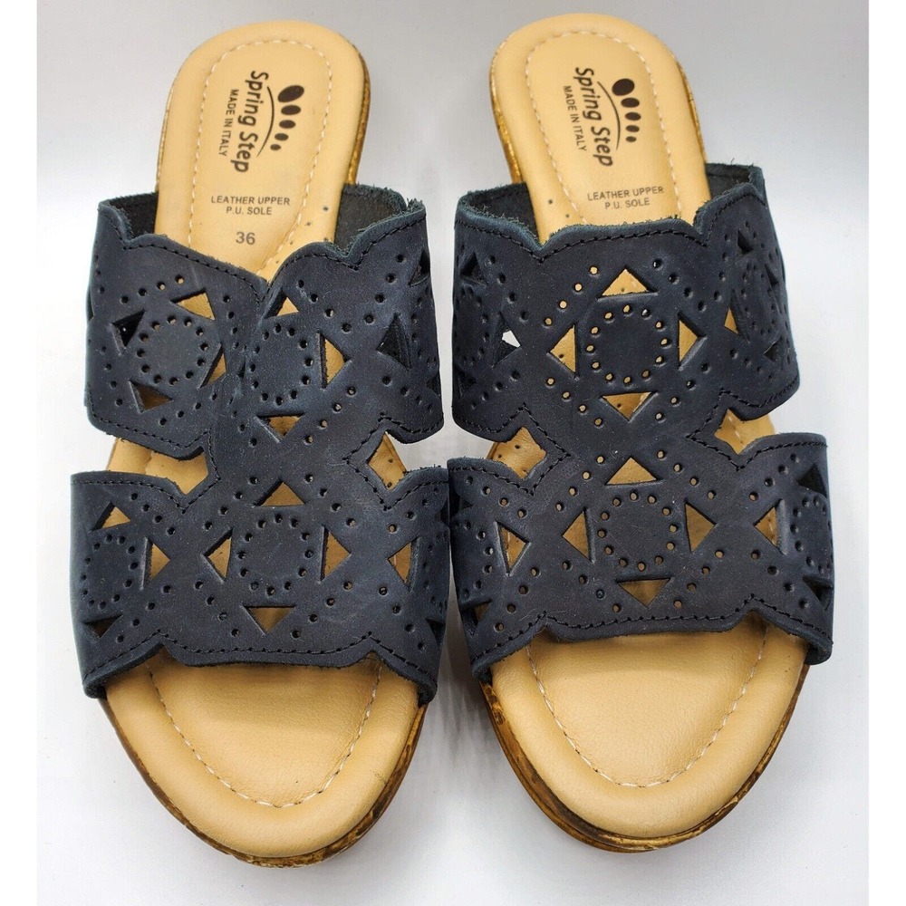 Spring Step Womens Flamyo Leather Nubuck Wedge Slide Sandals - Black, 36M EUC